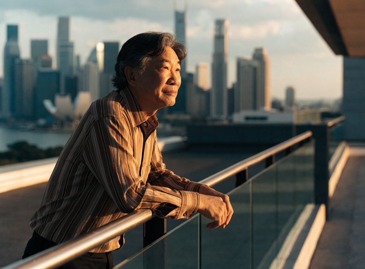 An older man looking thoughtfully over the Singapore skyline at sunset, reflecting on a vision for the future
