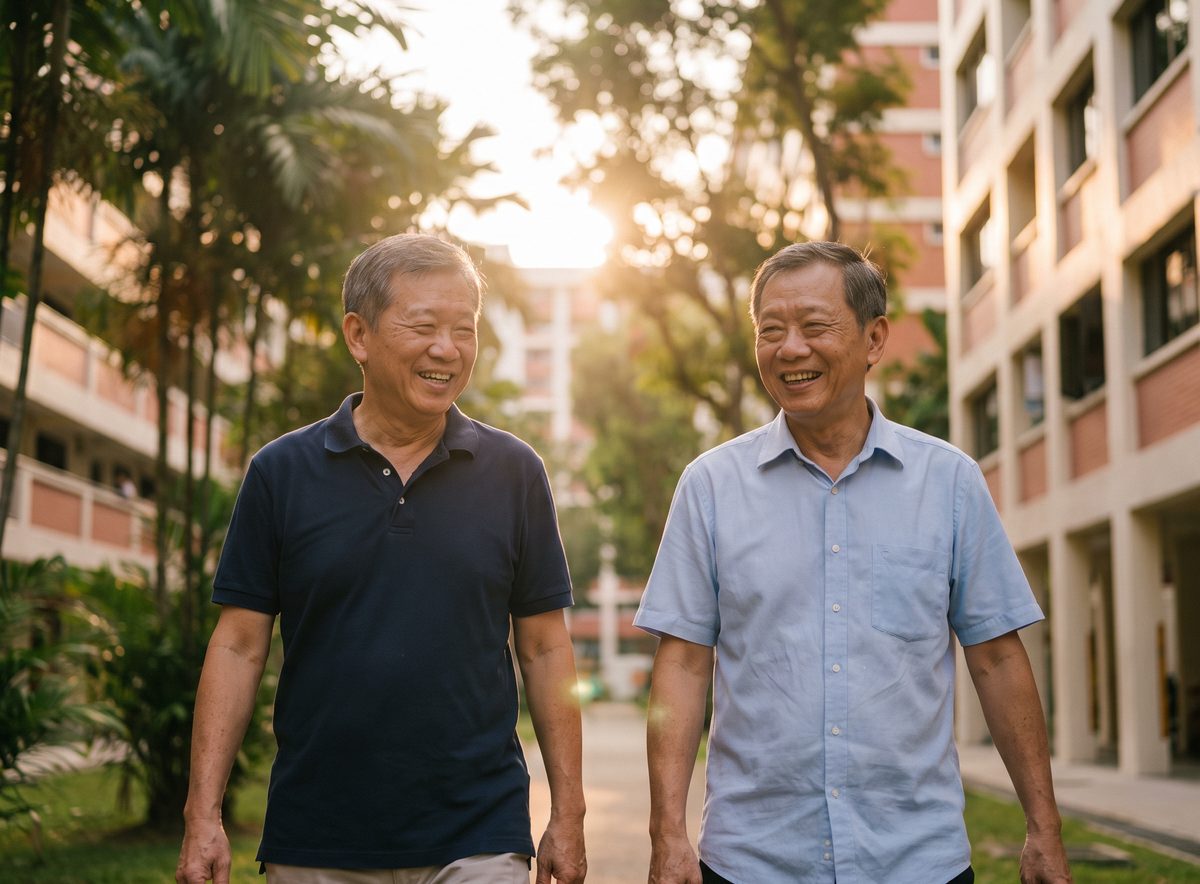 Two Singaporean men in their sixties walking and laughing together along a park connector beside HDB blocks at golden hour