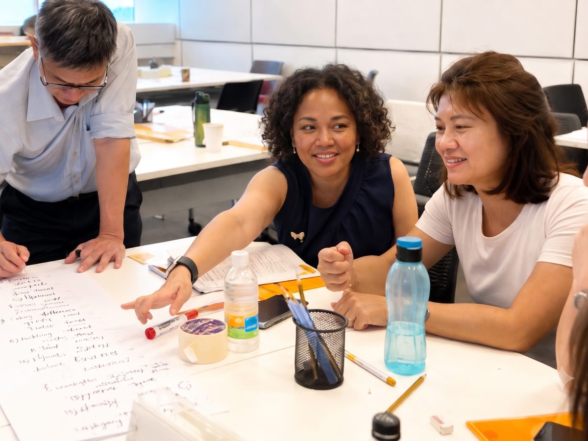 Participants working through a Purpose & Career workshop exercise together at a table