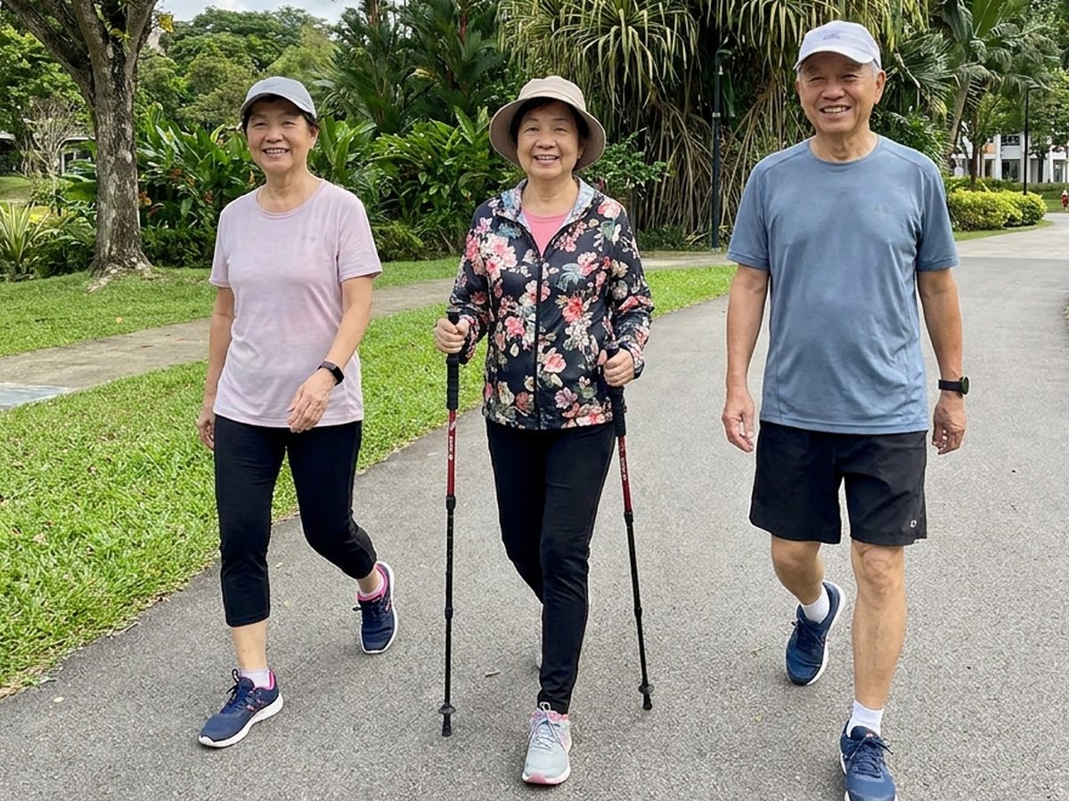 Three older adults walking together along a park connector in Singapore, one using trekking poles, HDB blocks in the background